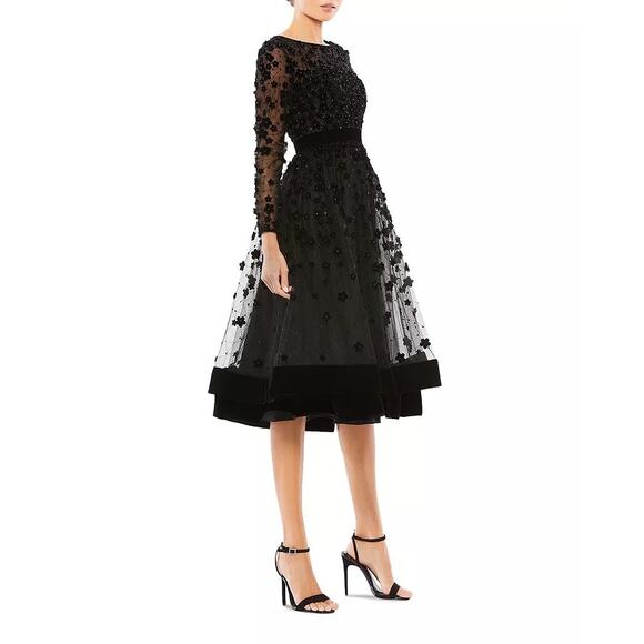 MAC DUGGAL Black Velvet 3-D Floral Embellished Sheer Fit Flare Dress Size 6 - Picture 4 of 9
